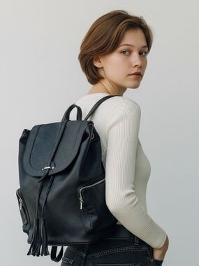 Black Faux Leather Backpack Tassel Drawstring Flap Vegan Slouchy Chic